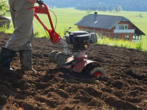 Uso de un tractor de empuje para cultivar patatas